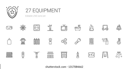 equipment icons set. Collection of equipment with levels, pen, drawer, crockery, drone, microphone, cutting, smartphone, flashlight, share. Editable and scalable equipment icons.