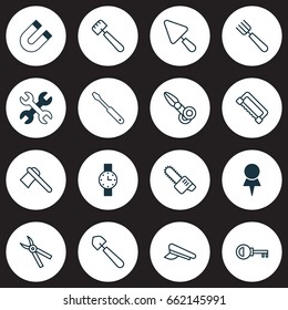 Equipment Icons Set. Collection Of Location, Attraction, Tomahawk And Other Elements. Also Includes Symbols Such As Cap, Trowel, Pin.