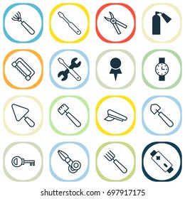 Equipment Icons Set. Collection Of Password, Screwdriver With Wrench, Cop Cap And Other Elements. Also Includes Symbols Such As Rake, Watch, Password.