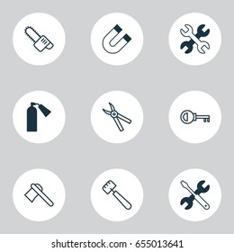 Equipment Icons Set. Collection Of Pliers, Gasoline Cutter, Spanner And Other Elements. Also Includes Symbols Such As Access, Screwdriver, Pruning.