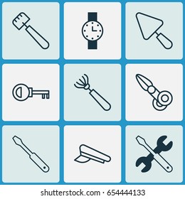 Equipment Icons Set. Collection Of Putty, Screwdriver With Wrench, Timer And Other Elements. Also Includes Symbols Such As Pitchfork, Cap, Watch.
