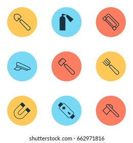 Equipment Icons Set. Collection Of Scoop, Carpentry, Cop Cap And Other Elements. Also Includes Symbols Such As Fire, Polarity, Pitchfork.