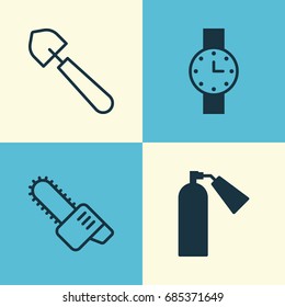 Equipment Icons Set. Collection Of Scoop, Timer, Gasoline Cutter And Other Elements. Also Includes Symbols Such As Timer, Shovel, Fire.