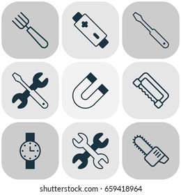 Equipment Icons Set. Collection Of Screwdriver With Wrench, Spanner, Turn Screw And Other Elements. Also Includes Symbols Such As Polarity, Pitchfork, Cutter.