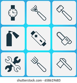 Equipment Icons Set. Collection Of Spatula, Tomahawk, Timer And Other Elements. Also Includes Symbols Such As Pitchfork, Alkaline, Extinguisher.