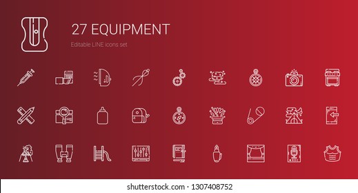 equipment icons set. Collection of equipment with stage, fountain pen, notebook, levels, slide, binoculars, flask, safety pin, hat, compass. Editable and scalable equipment icons.