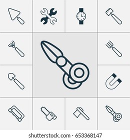Equipment Icons Set. Collection Of Tomahawk, Harrow, Scoop And Other Elements. Also Includes Symbols Such As Scissors, Hatchet, Rake.