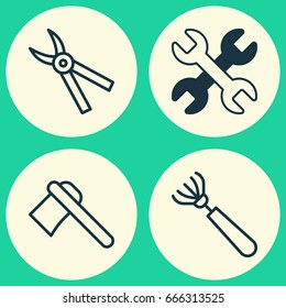 Equipment Icons Set. Collection Of Tomahawk, Pliers, Harrow And Other Elements. Also Includes Symbols Such As Hatchet, Rake, Tomahawk.
