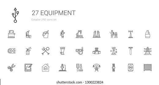 equipment icons set. Collection of equipment with watch, antenna, comb, flask, housekeeping, tablet, scissors, valve, dive, beer, fork. Editable and scalable equipment icons.