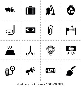 Equipment icons. vector collection filled equipment icons. includes symbols such as tire pressure, garbage, sweeper truck, vacuum cleaner. use for web, mobile and ui design.