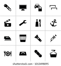Equipment icons. vector collection filled equipment icons. includes symbols such as car lock, trash bin, washing powder, iron, staples. use for web, mobile and ui design.