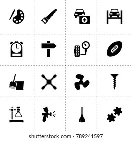 Equipment icons. vector collection filled equipment icons. includes symbols such as paint spray gun, car lift, wheel wrench. use for web, mobile and ui design.