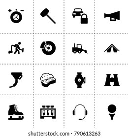 Equipment icons. vector collection filled equipment icons. includes symbols such as megaphone, wheel balance, break, funnel, car lock. use for web, mobile and ui design.