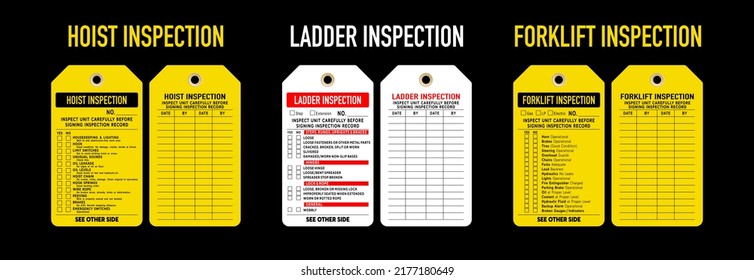 Equipment inspection tag vector illustrations. Hoist,  ladder and forklift inspection of front and back design templates. Isolated on black background.