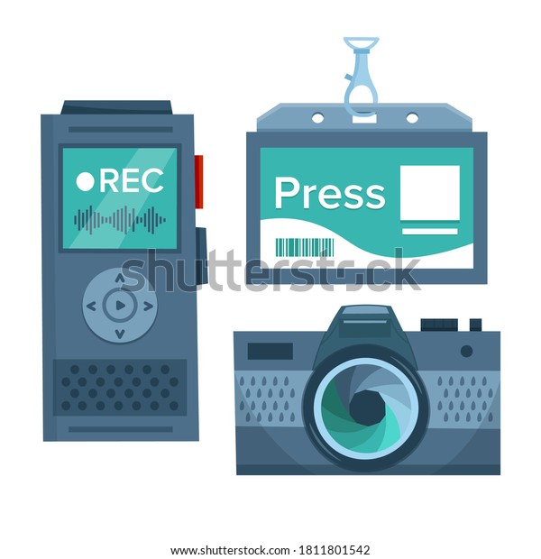 Equipment for\
journalist. Digital dictaphone or voice recorder, press badge and\
photo camera. Flat vector\
illustration.