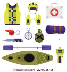 Equipment for kayaking adventure set of icons, flat vector illustration isolated on white background. Collection of necessary tourist equipment for kayaking sport.