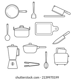 Equipment in the kitchen isolated on white background. Saucepan, ladle, Frying pan, Blender, Cutting board, Knife, Toaster, Tong, Flipper and Egg whisk vector illustration icon set. Cooking utensil.