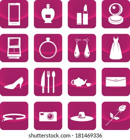Equipment for lady icon on pink button include phone, dress, flower, vector, camera, wallet