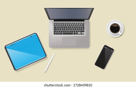IT Equipment laptop  Computer Mobile Coffee Cup Laying On Wood Style Flat Design Vector Illustration