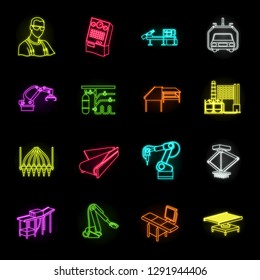 Equipment and machine neon icons in set collection for design.Technical progress of the factory vector symbol stock web illustration.