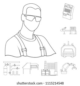 Equipment and machine outline icons in set collection for design.Technical progress of the factory vector symbol stock web illustration.