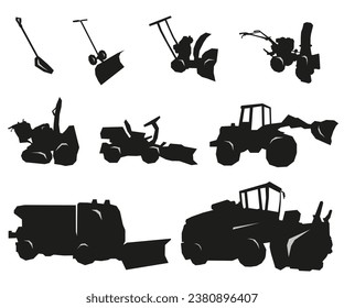 Equipment and machines for removing snow. Vector illustration, industrial cleaning symbols. EPS 10.