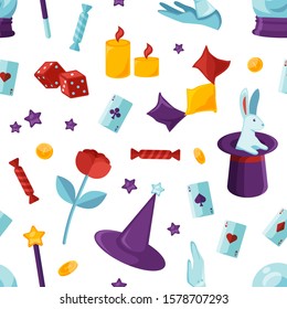 Equipment for magic show seamless pattern. Purple wizard cylinder with white rabbit, illusionist white gloves, magical stick and playing cards backdrop. Wrapping paper flat vector design.