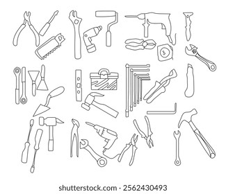 Equipment maintenance set, construction tools pack, tool symbol in white background. Set vectors for carpentry tools, equipment, and protective clothing. Hand drawn tools Vector illustration isolated