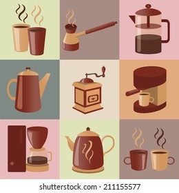 Equipment for making coffee, icons set. Vector illustration