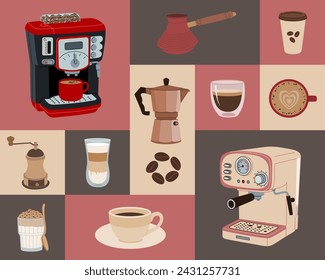  Equipment for making coffee. Coffee machine, maker, grinder, cups with hot drink. Hand drawn vector illustration isolated on background. Flat cartoon style.