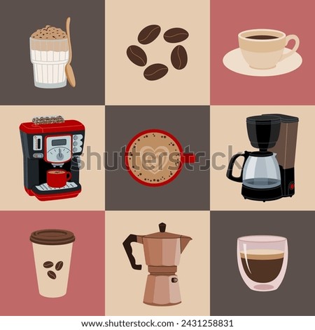 Equipment for making coffee. Coffee machine, maker, cups and mugs with hot drink. Hand drawn vector illustration isolated on colored background. Flat cartoon style.