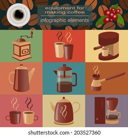 Equipment for making coffee, set infographics elements. Vector illustration