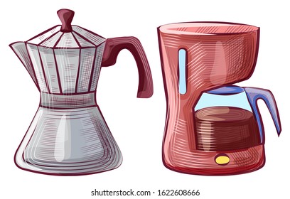 Equipment for making coffee vector, isolated icons of moka pot made of metal. Coffeemaker with glass container jar for hot beverage coffeepot brewing