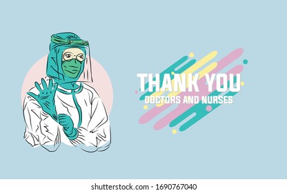 Equipment of medical staff. Doctor and nurse. Covering from virus and disease pandemic corona virus. Safety uniform. Vector format editable