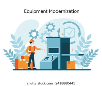 Vector de modernización del equipo. Un trabajador supervisa el mejoramiento de la maquinaria industrial, incorporando características de seguridad avanzadas de acuerdo con las regulaciones de OSHA. Ilustración vectorial plana