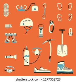 Equipment for mountaineering, climbing,  mountain adventure, extreme sports, outdoor recreation. Set of icons. Ice axe, camming devices, climbing hardware, carabiners, boots, ligths, helmet, strope.
