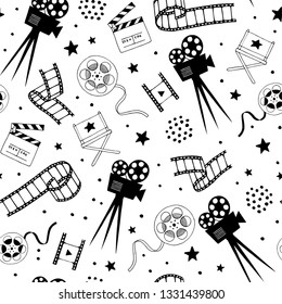 Equipment for movie production: camera, film strip, director's chair. Set of abstract isolated design elements. Hand drawn vector black and white illustrations. Cartoon, doodle.