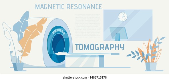 Equipment for MRI Diagnosis Cartoon Advertisement. Magnetic Resonance Tomography. Isolated Clinical Cabinet with Flat Tomographic Scanner. Separate Room with Computer and Clock. Vector Illustration