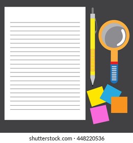 Equipment notes. Pencil, paper, magnifying glass. Scribbled notes as a memory forever. Stationery required to operate the business. Communication and Education.