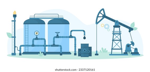 Equipment of oil industry for oilfield exploration and storage vector illustration. Cartoon drilling rig pumpjack for extraction of natural resource, industrial tank with pipeline, pump and tower