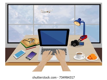 equipment on desk and airplane out side window vector design