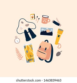 Equipment for outdoor adventures. Vector illustration