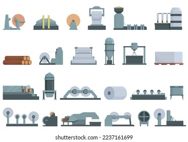 Equipment for paper production icons set cartoon vector. Roll factory. Roller process