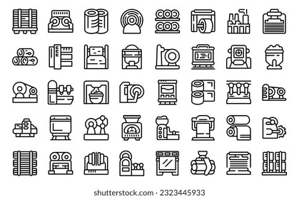 Equipment for paper production icons set outline vector. Factory roll. Wood process