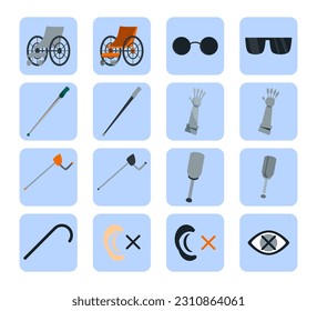 Equipment for people with disabilities vector illustrations set. Icons of wheelchair, prosthetic leg and arm, stick or cane, glasses for blind people. Disability, inclusion, community concept