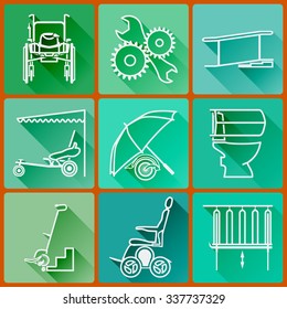 Equipment for persons with disabilities. Set of colored icons flat in a fashionable style with long shadows in shades of green. Vector illustration.