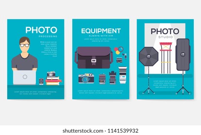 Equipment of the photographer brochure cards set. Photo studio items template of flyear, magazine, poster, book cover, banners. Camera invitation concept background. Layout illustrations modern 