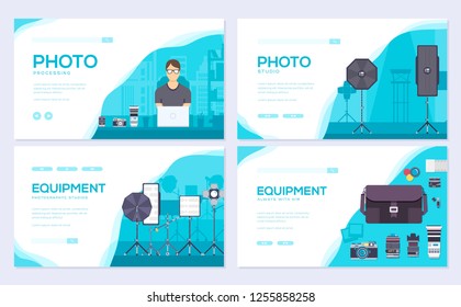 Ausrüstung des Fotografen. Kamera-Broschüren-Kartensatz.  Fotostudio Elemente Vorlage des flyear, Web-Banner, i-Header, geben Sie Seite. Layouteindringung modern 