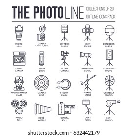 Equipment of the photographer thin line icons design illustration set. Flat outline Photo studio items concept. Vector camera, lenses and other staff linear background 
