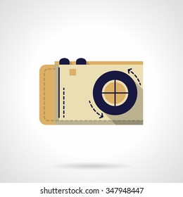 Equipment for photographing. Photo camera, journalism accessories, social media buttons. Flat color style vector icon. Single web design element for mobile app or website.
